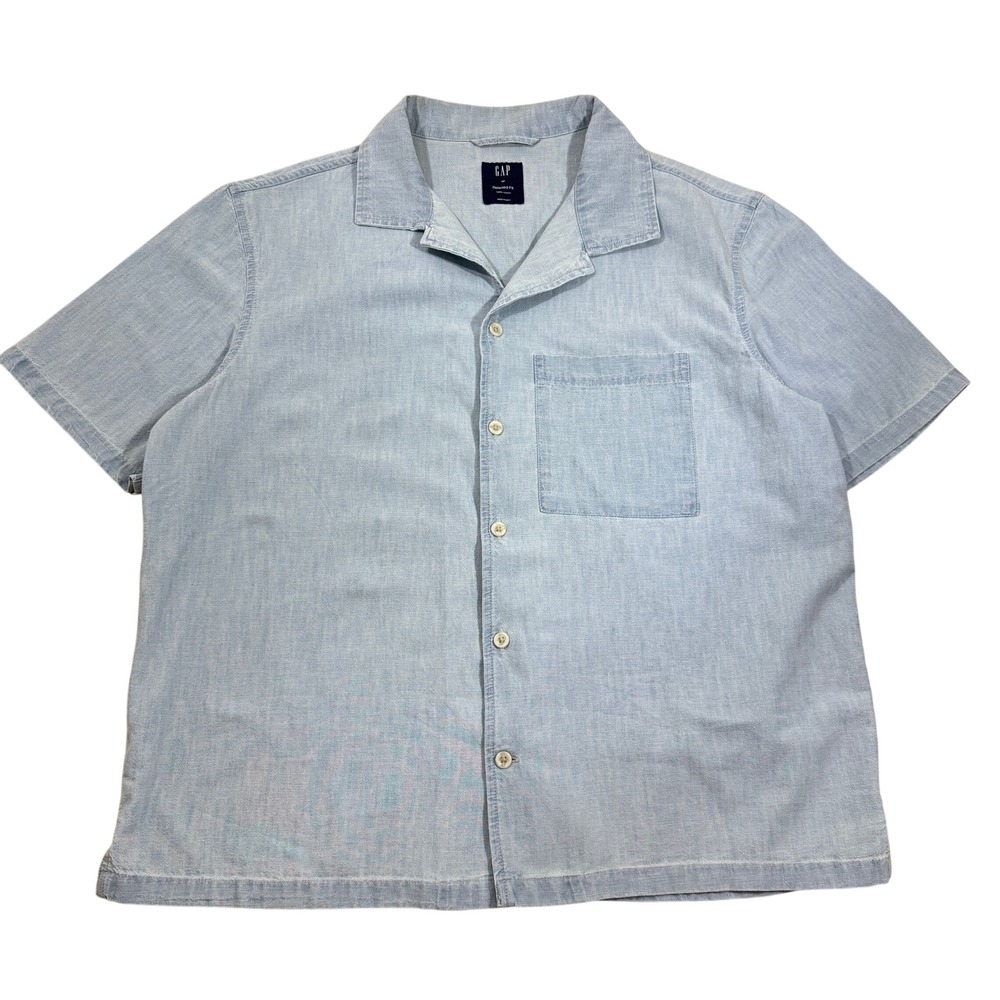 Gap Mens Light Blue Chambray Camp Collar Short Sleeve Shirt Relaxed Fit M